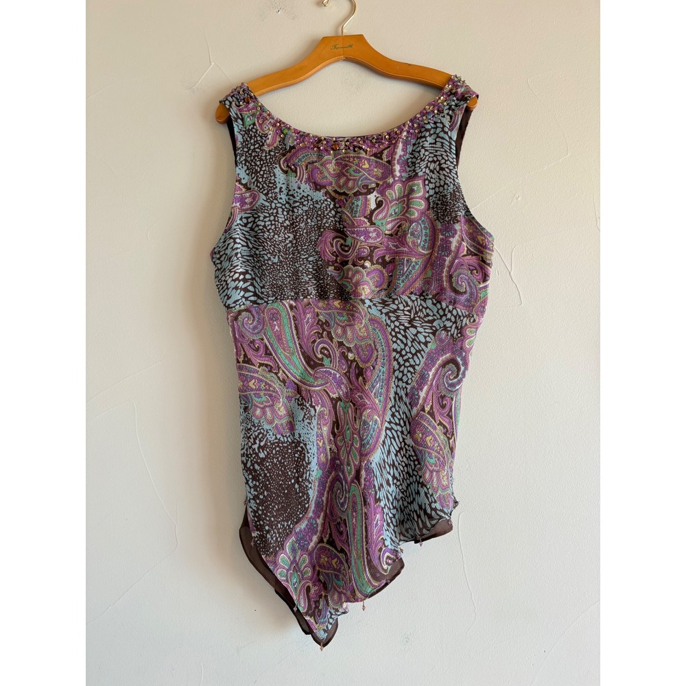 ECI New York Vintage 100% Silk Paisley Beaded Asymmetrical Tank Top 2X Brown - Picture 2 of 11